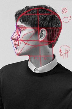 a man's face is shown with red lines in the shape of a grid