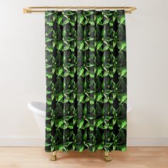 green leaves on black background shower curtain