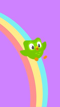 a green bird flying over a rainbow in the sky with eyes wide open and tongue out