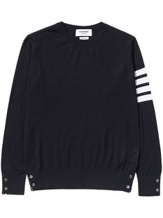 Thom Browne 4-Bar Wool Jumper - Farfetch Classic Navy Sweatshirt With Ribbed Cuffs, Classic Crew Neck Sweater With Button Cuffs, Classic Navy Sweatshirt For Winter, Classic Navy Winter Sweatshirt, Classic Crew Neck Sweater With Striped Cuffs, Classic Navy Fine Knit Sweater, Navy Wool Sweater With Ribbed Cuffs, Fall Winter Coat, City Shorts