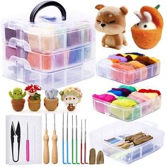 several plastic storage containers filled with craft supplies