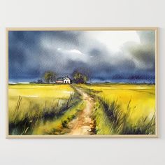 a watercolor painting of a dirt road leading to a house on a cloudy day