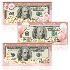 two bills with the words happy birthday and one dollar bill in gold foil on them