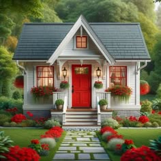 a small white house with red doors and flowers on the front porch, surrounded by greenery