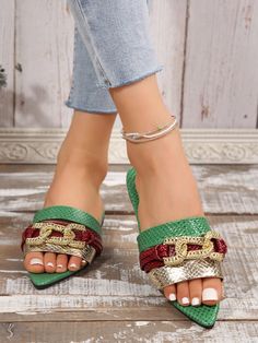 Color : GreenToe : Point Toe, Open ToeUpper Material : PU LeatherLining Material : PU LeatherInsole Material : PU LeatherOutsole Material : PVC Size US Ball Girth Foot Length Heel Height EUR35 US5 8.1 8.7 0.5 EUR36 US6 8.2 8.9 0.5 EUR37 US6.5 8.4 9.2 0.5 EUR38 US7 8.6 9.5 0.5 EUR39 US8 8.8 9.7 0.5 EUR40 US9 9 10 0.5 EUR41 US9.5 9.1 10.3 0.5 EUR42 US10.5 9.3 10.5 0.5 EUR43 US11 9.5 10.8 0.5 Green Flat Heels For Vacation, Trendy Green Synthetic Mules, Green Slip-on Sandals For Party, Green Slip-on Heels For Vacation, Grid Print, Women's Sandals, Summer Collection, 9 And 10, Womens Sandals