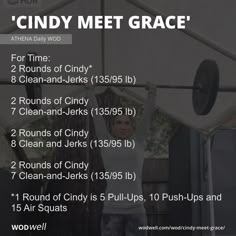 a man holding a barbell in front of his face with the words'cindy met grace '