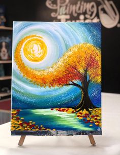 an acrylic painting of a tree and the moon