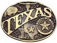 Modern Texas Brass Heritage Belt Buckle Small, oval cast brass Attitude belt buckle with smooth polished trim. Large lettering spelling out TEXAS runs diagonally across a set of antiqued brass figures and symbols familiar to modern Texas heritage including a longhorn head, armadillo, oil well, the state of Texas and the Lone Star seal. Our cast brass belt buckles are acid washed to add the dark antiqued patina and hand buffed to bring out the highlights and details. Standard 1.5 belt swivel. 3-5 Texas Belt Buckle, Belt Buckles Men's, Longhorn Bull, Texas Cowboy, Cowboy Belt Buckles, Large Belt, Cowboy Belt, Brass Belt Buckles, Western Belt Buckles