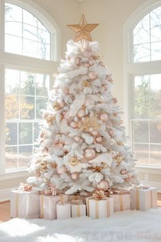 Pink Silver White Christmas Tree, White Christmas Tree With Gold Ornaments, Christmas Tree Decor Ideas Pink, Decorations For White Christmas Trees, Pink And Gold Christmas Tree Decorations, White Christmas Tree Aesthetic, White Tree Ideas, Pink And Gold Ornaments, Gold Christmas Tree Theme