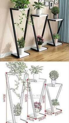 three plant stands with plants in them