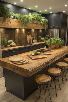 a large kitchen with an island counter and wooden stools in front of the sink