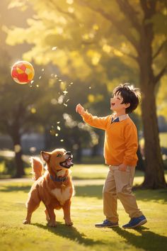 a boy and his dog playing with a ball in the park