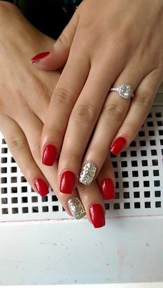 Red And Silver Nails Short, Red Glitter Gel Nails, Red And Sparkle Nails, Short Red Nails With Glitter, Red Gel Nails Short, Red Christmas Nails Short, Short Red Acrylic Nails, Red Homecoming Nails, Red And Silver Nail Designs