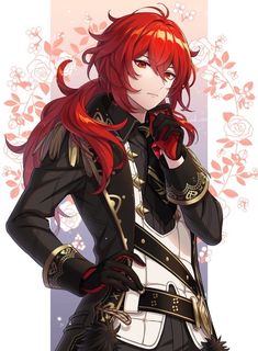 an anime character with red hair and black clothes