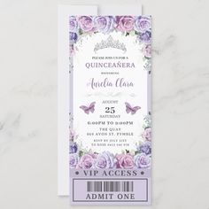 a purple and white ticket card with roses on the front, and an ornate crown in the back