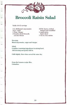 broccoli raisin salad recipe on a white paper with red trimmings