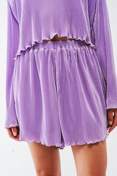 Step out in style with our Pleated Shorts in lilac. These shorts are the epitome of style and comfort, made from a blend of 95% Polyester and 5% Elastane. The satin finish gives it a touch of elegance, while the pleated design adds a dash of sophistication. Ideal for parties, these shorts boast an elastic waist for a secure and comfortable fit. The model is 5'10" tall with measurements 31-24-35, and she's wearing a size S. The shorts run true to size, offering a relaxed fit. Mens Lightweight Jacket, Dressy Sandals, Shorts Fit, Medium Purple, Pleated Shorts, Perfect Wardrobe, Denim Jacket Men, Party Fashion, Fast Fashion