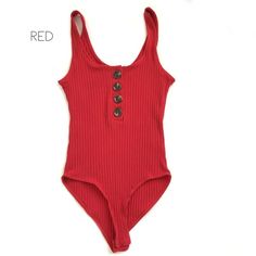 a red one piece swimsuit with buttons on the front and bottom, sitting against a white background