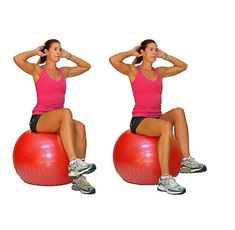 the woman is sitting on an exercise ball