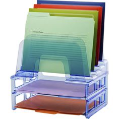 Officemate Blue Glacier™ Large Incline Sorter w/ 2 Letter Trays - 5 Compartment(s) - 14.3" Height x 13.4" Width x 9" Depth - Compact - Transparent Blue - 1 Each Blue Glacier Incline Sorter with Letter Trays features five compartments plus two letter trays to organize all your papers and folders in one compact unit. Sorter/organizer rests on the trays for space-saving organization. Graduated compartments allow easy access to your folders and files. Open-end design holds files of all sizes to meet your organization needs. Blue Desk Accessories, Locker Organization, Blue Desk, Letter Tray, Desk Essentials, 2 Letter, Organization Decor, File Organization, Paper Storage