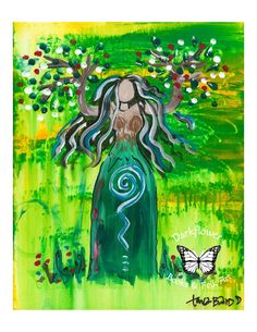 a painting of a woman with long hair standing in front of a tree and butterfly