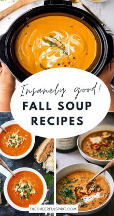 a collage of different soups with the words, instantly good fall soup recipes