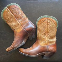 "Vintage 1940s Peewee cowboy boots in rare tri-colorway of dark leather, tan leather, and robin's egg blue leather piping * Great vintage condition; structurally sound, supple leather, light wear expected with antique boots like these, have been resoled  Fit a size 5.5-6 US Outsole: 9 3/4\" Insole: 9\" Width: 3.5\" Heel height: 2\" Height: 11\" ---- All vintage items have been described and dated to the best of my ability. With this said, all dates are approximations unless there is specific documentation of period (such as Union tag or provenance). Although I am very confident in my abilities to date items, there is no way to promise 100% accuracy at all times, as styles, fabrics, and construction often overlap decades. Please keep this in mind prior to purchasing.   All vintage items are Western-styled Patina Boots With Round Toe, Vintage Brown Boots For Western-themed Events, Round Toe Boots With Patina For Western-themed Events, Western-themed Boots With Patina And Round Toe, Patina Round Toe Boots For Western-themed Events, Western Style Boots With Patina For Western-themed Events, Vintage Snip Toe Boots For Western-themed Events, Vintage Snip Toe Boots For Ranch, Vintage Snip Toe Ranch Boots