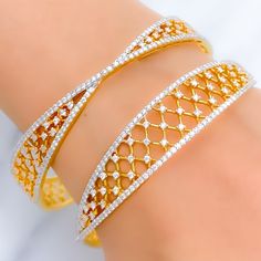 This exquisite set of 18k gold bangles, with a total weight of 32.4 grams, features a timeless tapered design adorned with dazzling diamonds. The yellow gold finish enhances their luxurious appeal, making them perfect for any special occasion. Each bangle is set with a total diamond weight of 6.51 carats, featuring F-G color and VS quality diamonds in round brilliant cut shapes. With a bangle size of 2.6 and an opening diameter of 2.35 inches, these pieces offer both elegance and comfort. Ideal Elegant American Diamond Bangle For Anniversary, Formal American Diamond Bangle, Wedding Bangle In Yellow Gold With Brilliant Cut, Wedding Brilliant Cut Yellow Gold Bangle, Wedding Yellow Gold Bangle With Brilliant Cut, Dazzling Diamond Cut Bangle For Formal Occasions, Gold Bangle With Pave Setting For Wedding, Elegant Gold Bangle With Brilliant Cut, Dazzling Yellow Gold Bangle For Anniversary