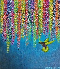 a painting of a bird flying in the sky with colorful beads hanging from it's wings