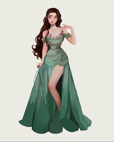 a drawing of a woman in a green dress with long hair wearing a tiara