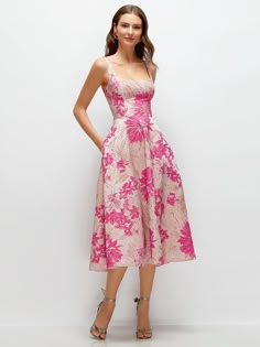 Hibiscus Pink Square Neck Floral Jacquard Midi Dress Kentucky Derby Dress, Pink Floral Midi Dress, Full Flared Skirt, Maid Of Honor Dress, Wedding Florida, Dessy Collection, Girls Dress Shop, Derby Dress, Pink Backdrop