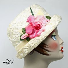 "Vintage Shiny Ivory White Raffia Straw Hat w Blooming Pink Rose - Hey Viv !  * Special Feature: This stylish ivory white hat is perfect for a Sunday or a Garden Party.  * Material: shiny woven raffia, fabric flower on a velvet ribbon  * Measurement:     * Inside circumference: 22\"     * Height: 5\"  * Tag: no tag This item is in overall very good vintage condition consistent with its age.  EP-22-0418-03 Thanks for stopping by :) and shopping at a Small US Based Business Please contact me if yo Vintage Garden Party, Raffia Bucket Hat, Vintage Straw Hat, Vintage Garden Parties, Vintage Style Hat, Whimsical Jewelry, Classic Hats, Vintage Hats, Woven Raffia