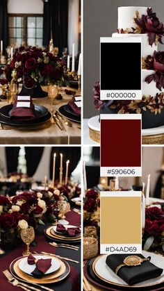 the table is set with black, gold and burgundy colors for an elegant dinner party