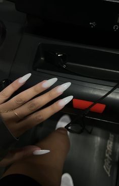 Gray Ombré Nails, Oval Milky White Nails, Long White Almond Nails, Milly White Nails, White Airbrush Nails, Simple Almond Acrylic Nails, Almond Shape Nail Designs, Gym Plates, Medium Stiletto Nails