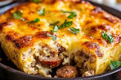 a casserole with meat and cheese in a black dish on a table top