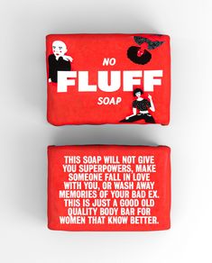 two red soap bars with the words no fluff on them and an image of a woman