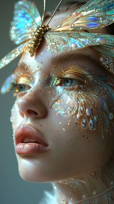 a woman's face with gold and blue wings on her head, as if she is wearing glitter