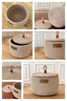 four pictures show different baskets with handles and lids on them, one has a lid for the