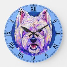 a white dog with purple and blue background is featured in the clock face for wall decor