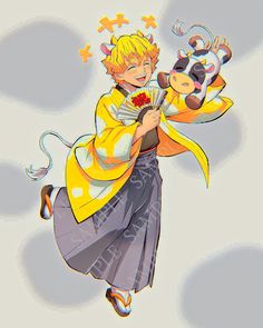 an anime character holding a stuffed animal in his right hand and flying through the air