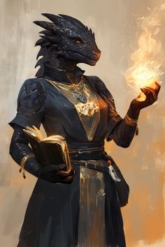 a painting of a dragon holding a book in its hand and wearing a costume that has gold on it