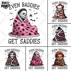 four different types of halloween scarves with the words, even badies get sadies