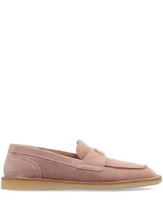 blush pink calf suede shearling lining gold-tone logo lettering apron toe round toe branded leather insole flat rubber sole Elegant Pink Loafers With Rubber Sole, Classic Pink Loafers With Rubber Sole, Classic Pink Loafers For Work, Classic Pink Loafers With Leather Sole, Luxury Pink Loafers For Formal Occasions, Dg Logo, Dolce Gabbana Shoes, Suede Loafers, Pink Suede