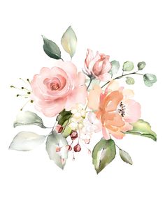 watercolor painting of pink flowers and green leaves