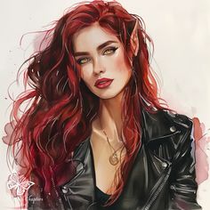 a painting of a woman with red hair and green eyes wearing a black leather jacket