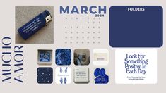 a calendar with blue and white images on it