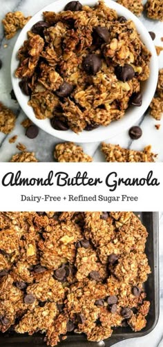 an image of almond butter granola with chocolate chips on top and in a bowl