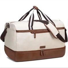 New Canvas Carry On Duffel Bag Overnight Bag With Shoe Compartment - Beige Beige Large Capacity Shoulder Travel Bag, White Travel Bag For Weekend Trips With Zipper, White Rectangular Weekender Bag With Zipper Closure, White Rectangular Weekender Bag With Zipper, Beige Travel Bag With Leather Handles, Beige Rectangular Travel Bag With Leather Handles, White Zipper Shoulder Travel Bag, White Zipper Closure Shoulder Travel Bag, Beige Weekender Shoulder Bag