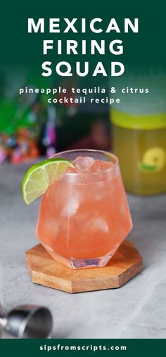 the mexican firing squad cocktail is served in a coupe glass with lime wedges and garnishes