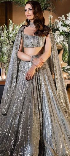 Black and Grey color Lehenga in Faux Georgette fabric with Sequence, Thread work घाघरा चोली, भारतीय दुल्हन संबंधी, Grey Lehenga, डिजाइनर कपड़े, Langa Voni, Sangeet Outfit, Party Wear Lehenga Choli, Cocktail Outfit, Red Lehenga